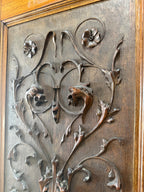 Antique Edwardian Art Nouveau Carved Oak Triple Wardrobe, Bevelled Mirror Door, Poppy and Bird-Head Panels, c. 1900–1910
