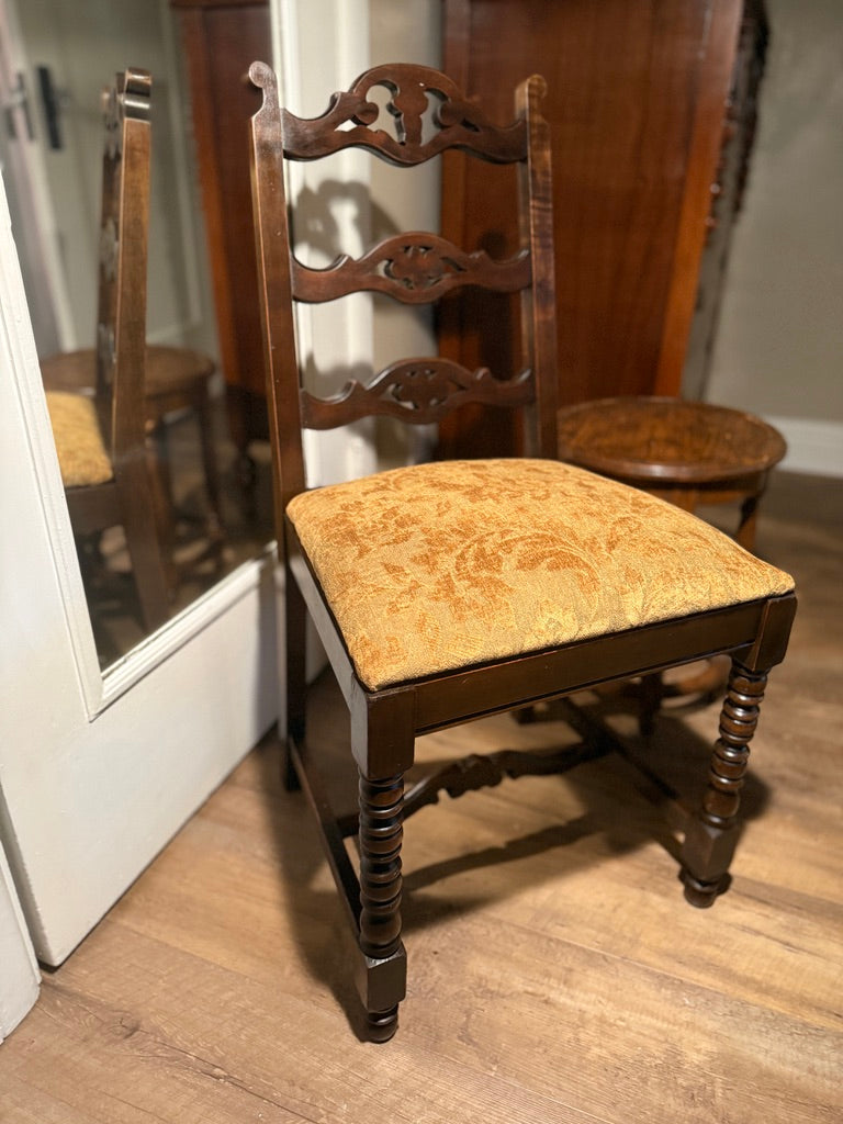 Refurbished English Oak Side Chair – Early 20th Century Carved & Upholstered
