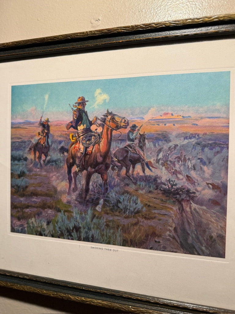 1909 Charles M. Russell “Last of the Herd” Lithograph | Brown & Bigelow Western Print | Early 20th Century Framed Americana