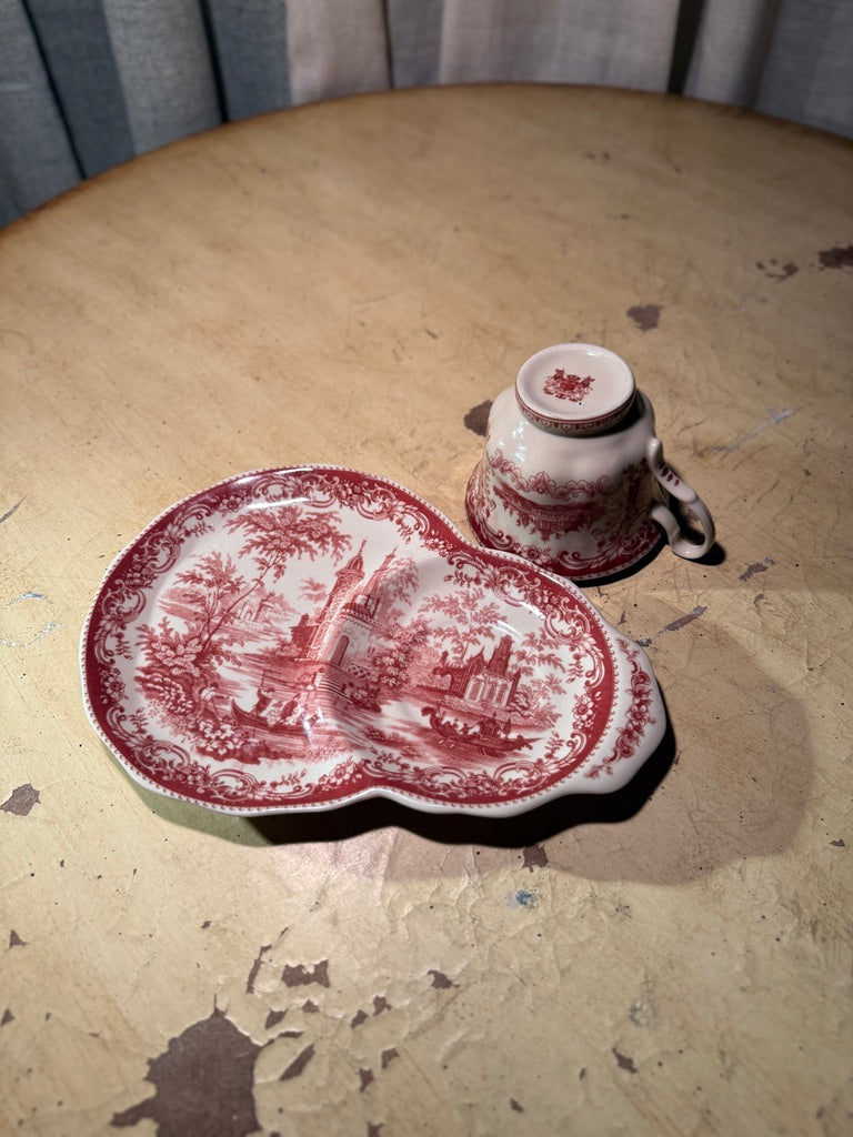Antique Staffordshire Red Transferware Teacup & Shaped Saucer c. 1890–1910