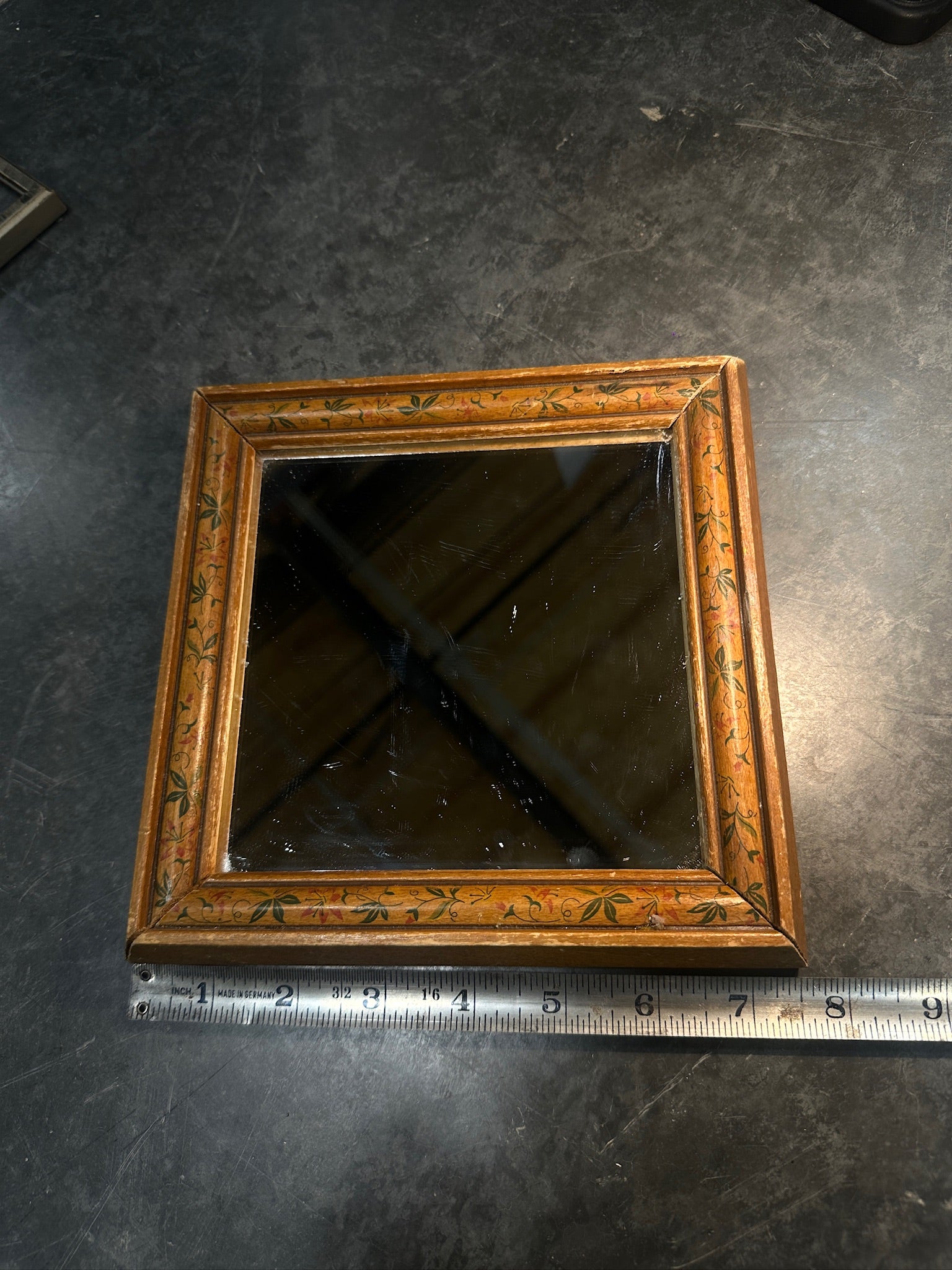 Hand Painted Floral Square Frame Mid Century Mirror, c. 1930s–1950s Vintage Mirror