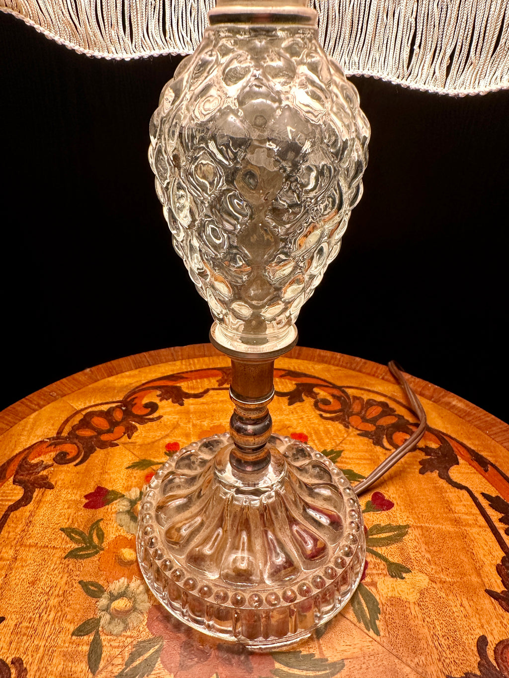 Vintage Pressed Glass Boudoir Table Lamp with Fringe Shade | Victorian Revival Accent Lamp