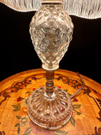 Vintage Pressed Glass Boudoir Table Lamp with Fringe Shade | Victorian Revival Accent Lamp