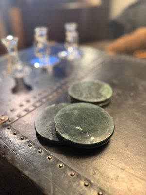 Dark Green Marble Coaster Set with Cork Backing c 1970s