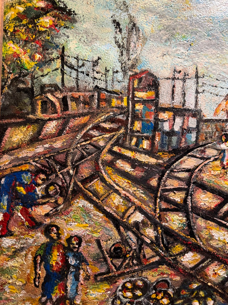 Expressionist Oil Painting of Railroad Village – Signed “Gustave” – Textured Mid-Century Folk Art in Rustic Frame