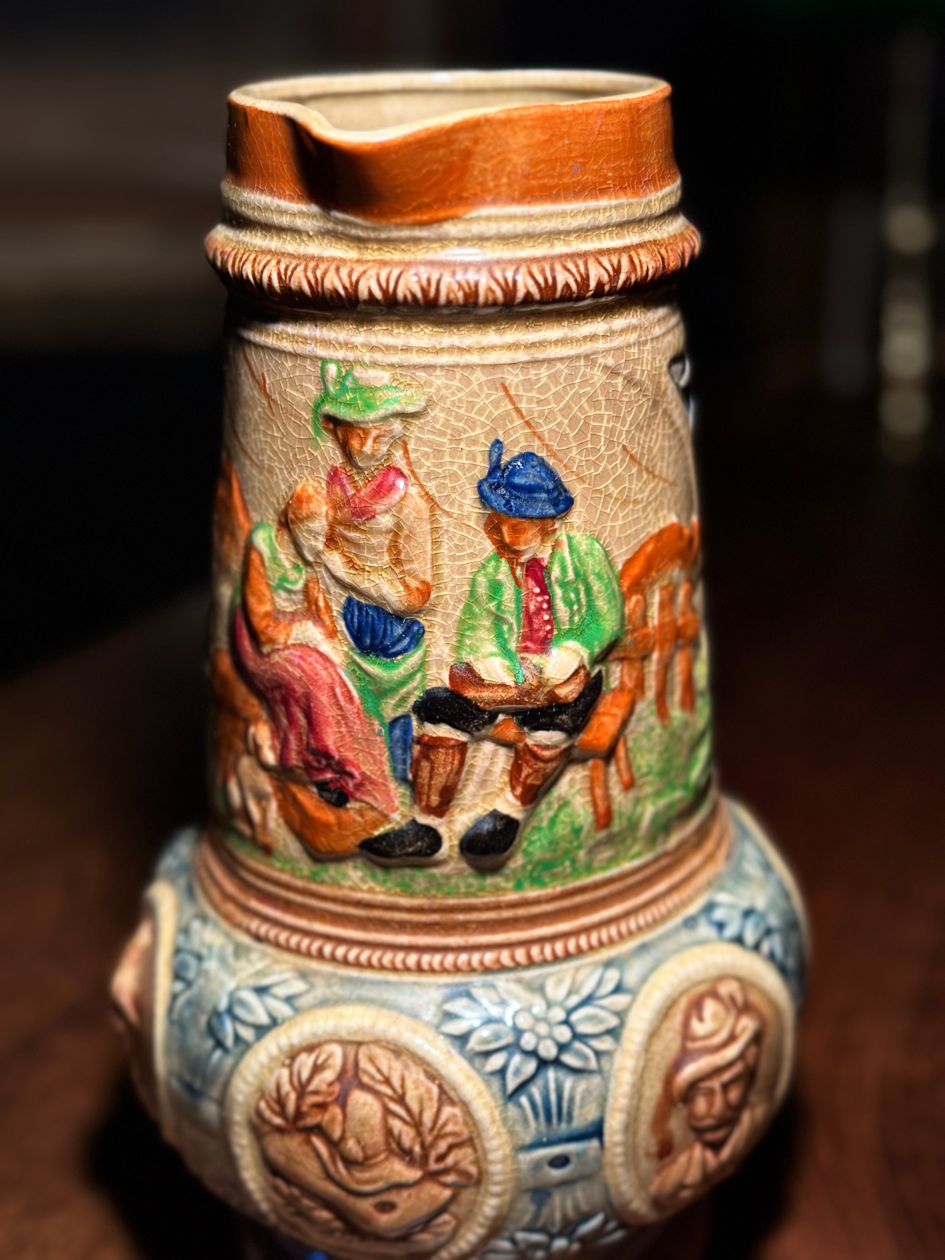 Antique German Relief-Molded Ceramic Pitcher, c. 1900–1920