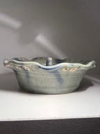 Robin, Carson City Pottery Ruffled Stoneware Ring Dish, Blue-Over-Celadon Brushwork, Nevada, c. 1990s