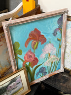 Large Bearded Iris Oil Painting on Turquoise, Monogrammed, Limed Rococo Frame, c. 1990–2010