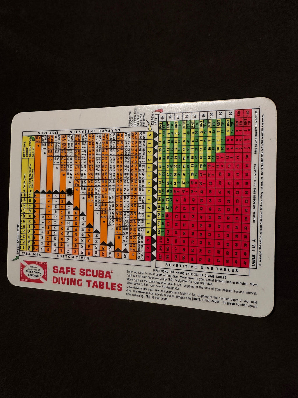 1979 NASDS Safe Scuba Diving Tables Calculator Card