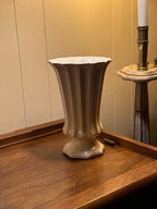 Cream Crackle-Glaze Pottery Urn Vase, Fluted Body on Octagonal Pedestal Foot, c. 1930–1950