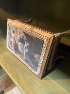 Giltwood Footed Jewellery Casket with Ballet Studio Scene and White Filigree Trim, Red Velvet Interior, Original L Gambor “Twinkle Toes” Label, Japan, After 1952