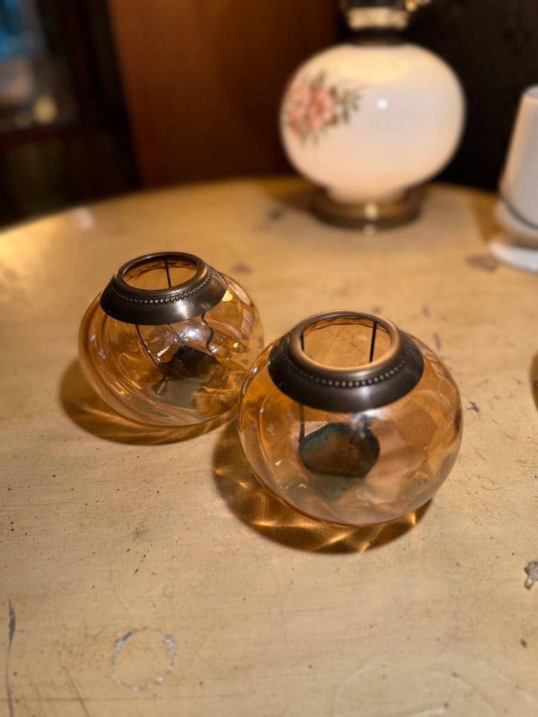 Pair of Mid Century Rose-Amber Glass Candle Holders, c. 1940s–1960s
