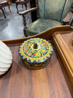 Lithographed Biscuit Tin in the Cloisonné Taste, Brass Acorn Finial, Made in England, c. 1935–1960