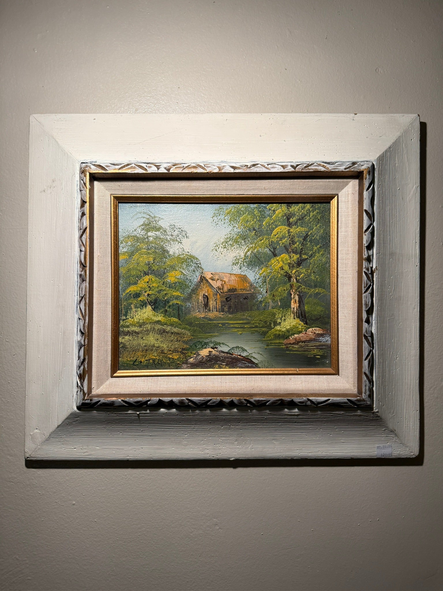 Mid-Century Impasto Landscape Oil Painting Signed “TRASK” — Cottage & River Scene, c. 1955–1965