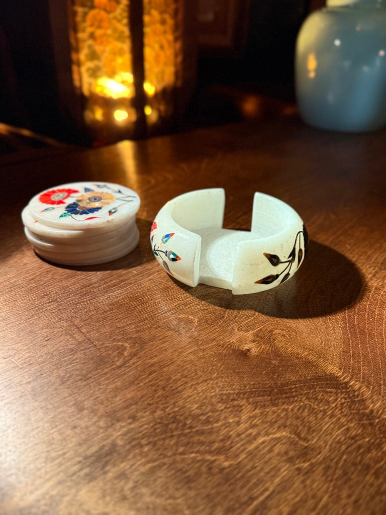 Italian Pietra Dura Marble Coaster Set with Floral Inlay, Mid-20th Century