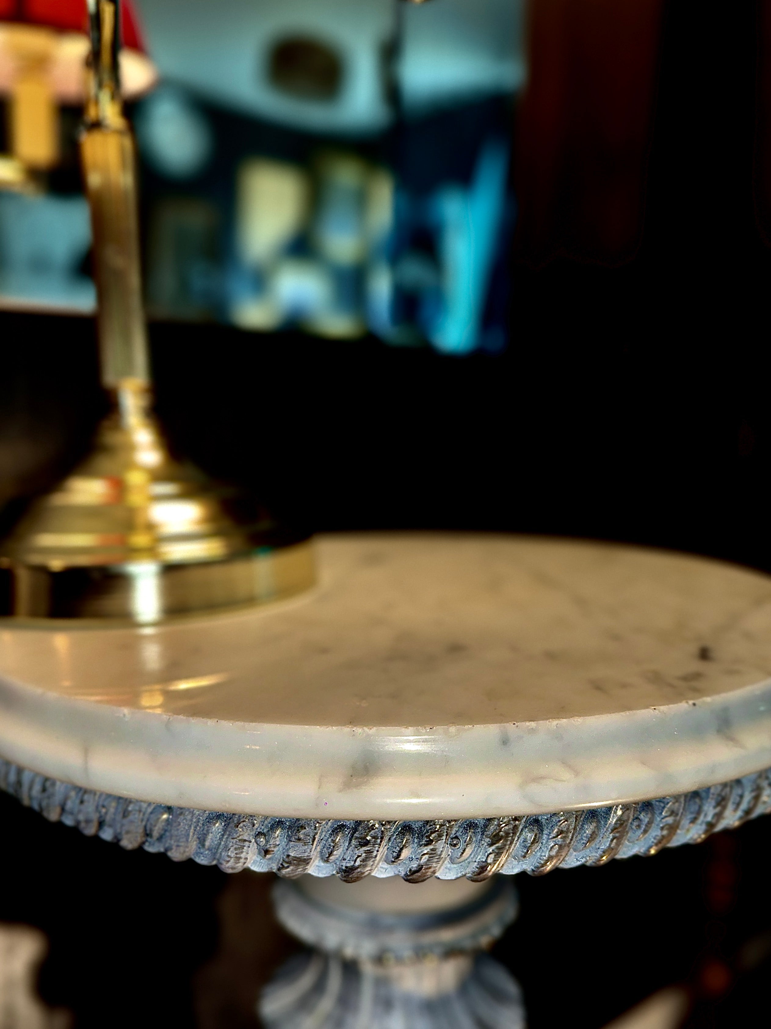 Vintage Marble Pedestal Side Table with Cast Ornate Base, c. 1940s–1950s