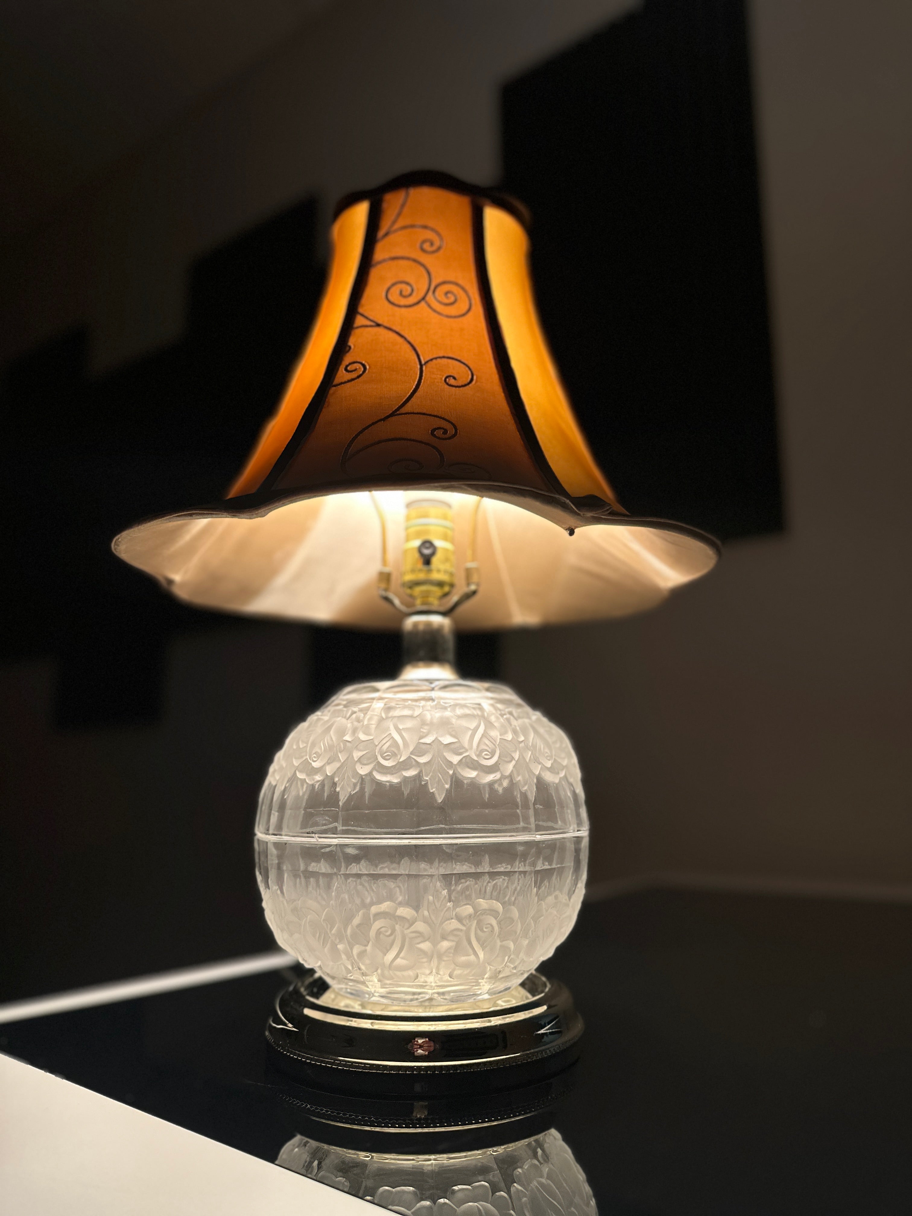 Frosted Glass Rose Globe Table Lamp with Amber Scroll Shade