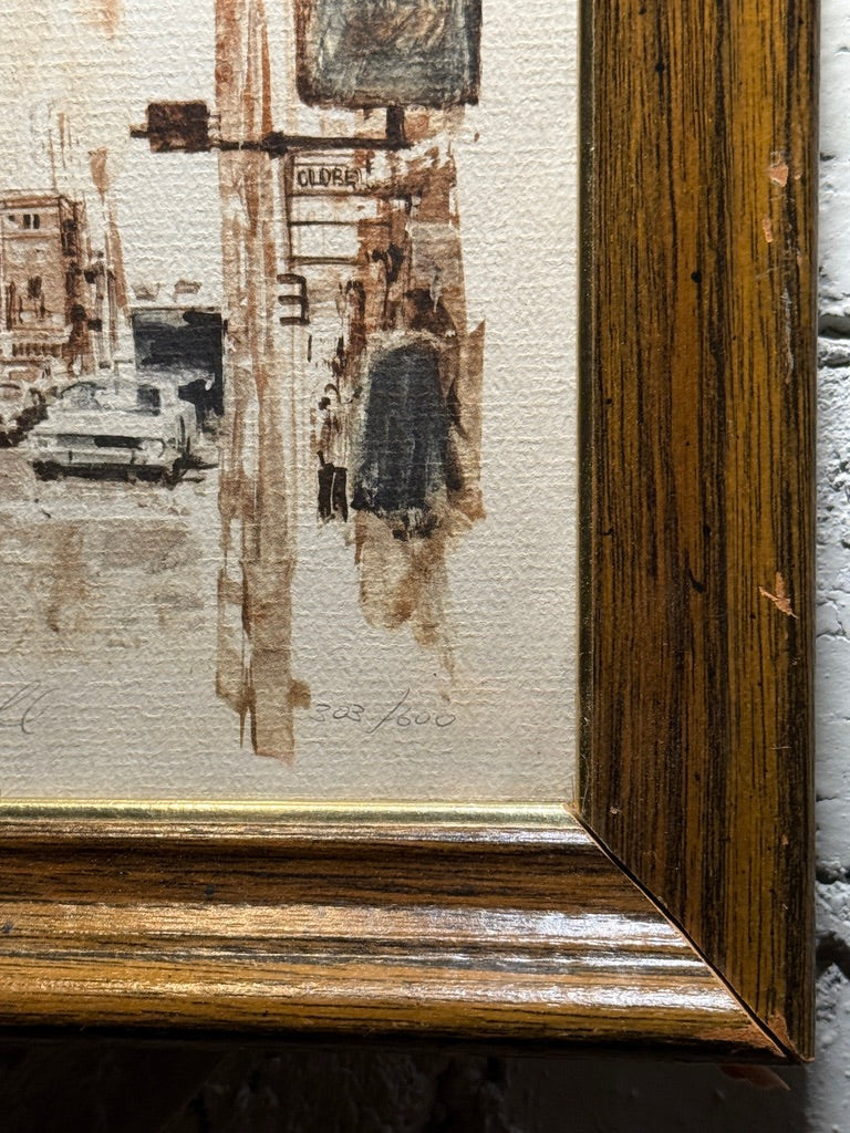 Mid-Century Sepia Urban Street Scene by David, Signed &amp; Numbered 23/600, c. 1950s–1960s