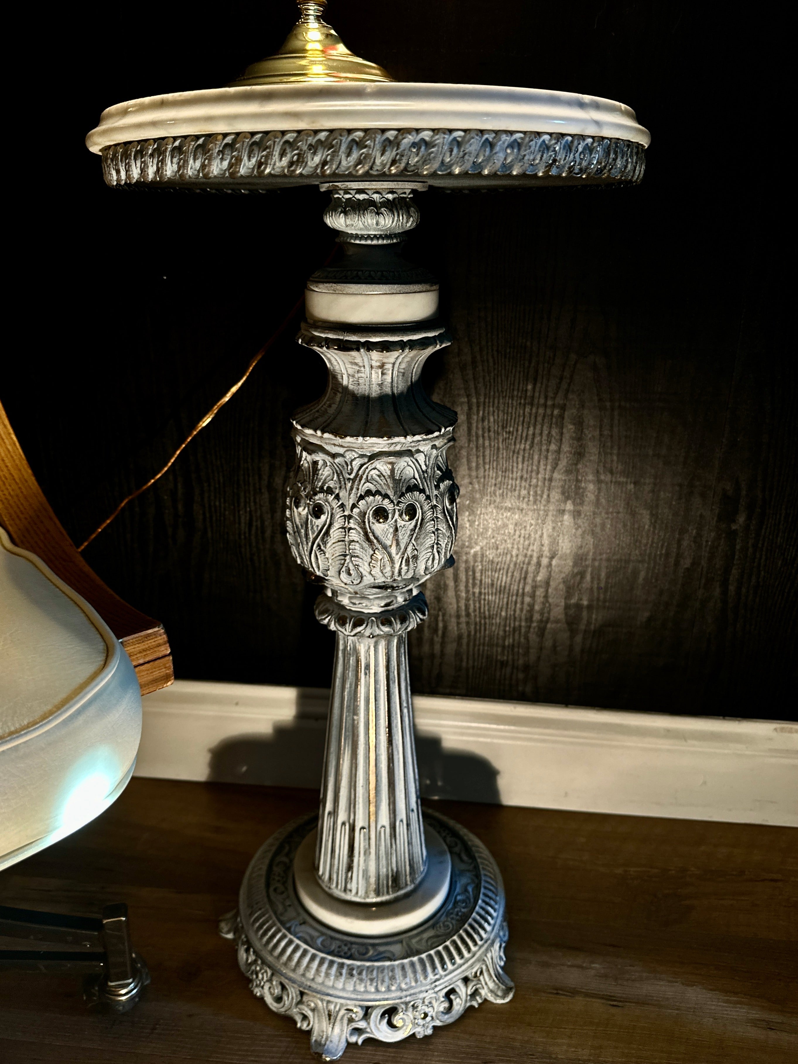 Vintage Marble Pedestal Side Table with Cast Ornate Base, c. 1940s–1950s