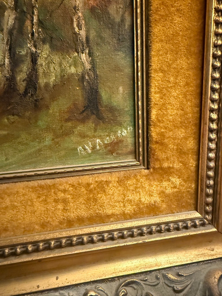 Signed M. L. Achorn Autumn Lake Oil Painting, c. 1890s–1910s