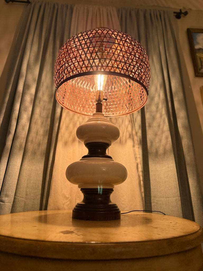 Early 20th Century Crackle Glaze Ceramic Lamp Base (c.1920–1940) with Hand-Woven Bamboo Lattice Shade