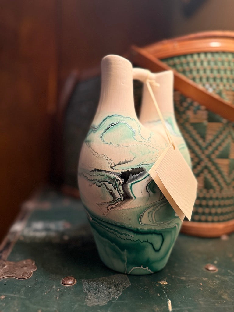 Vintage Nemadji Pottery Ceremonial Double-Spout Vase in Green & Ivory, c. 1970s–1980s