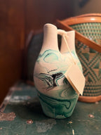 Vintage Nemadji Pottery Ceremonial Double-Spout Vase in Green & Ivory, c. 1970s–1980s