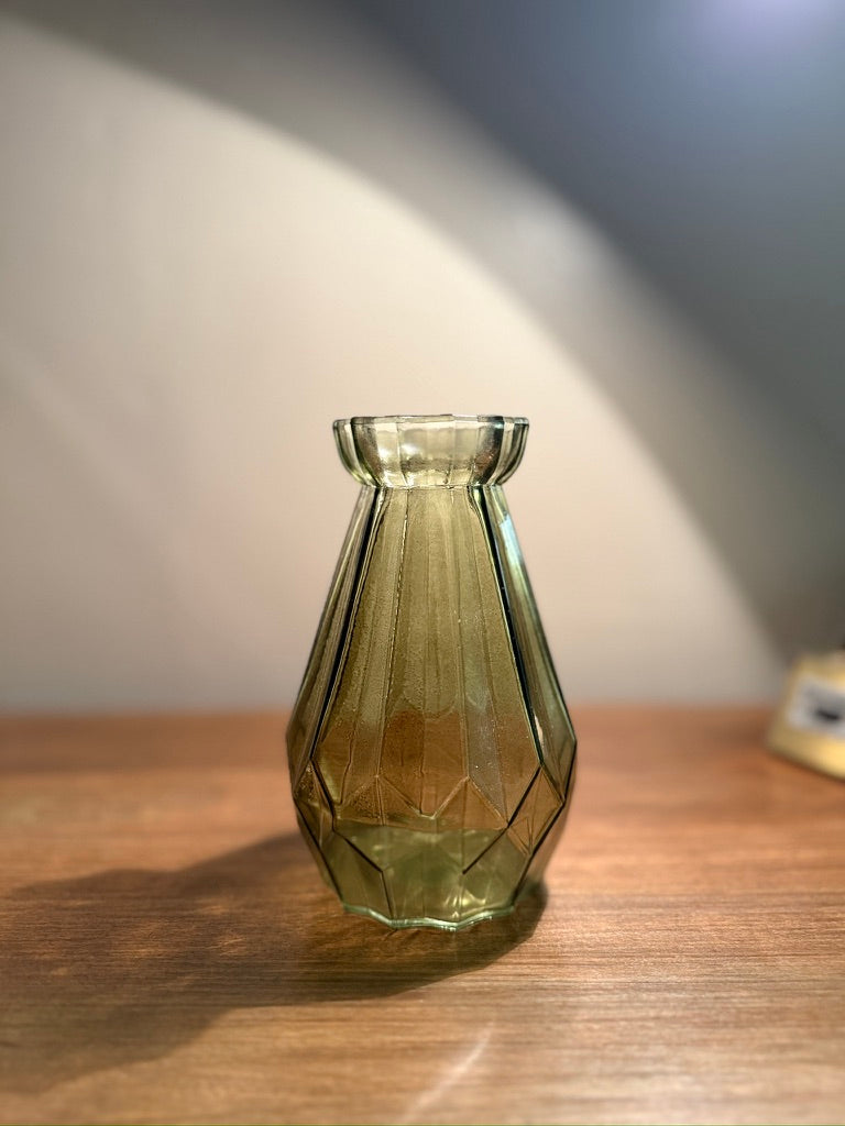 c. 1970s Olive Faceted Glass Mid-Century Vase