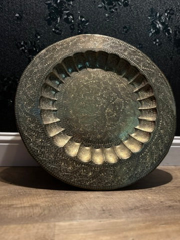 Large Indian Brass Wall Charger | 24” Hand-Chased Floral Repoussé