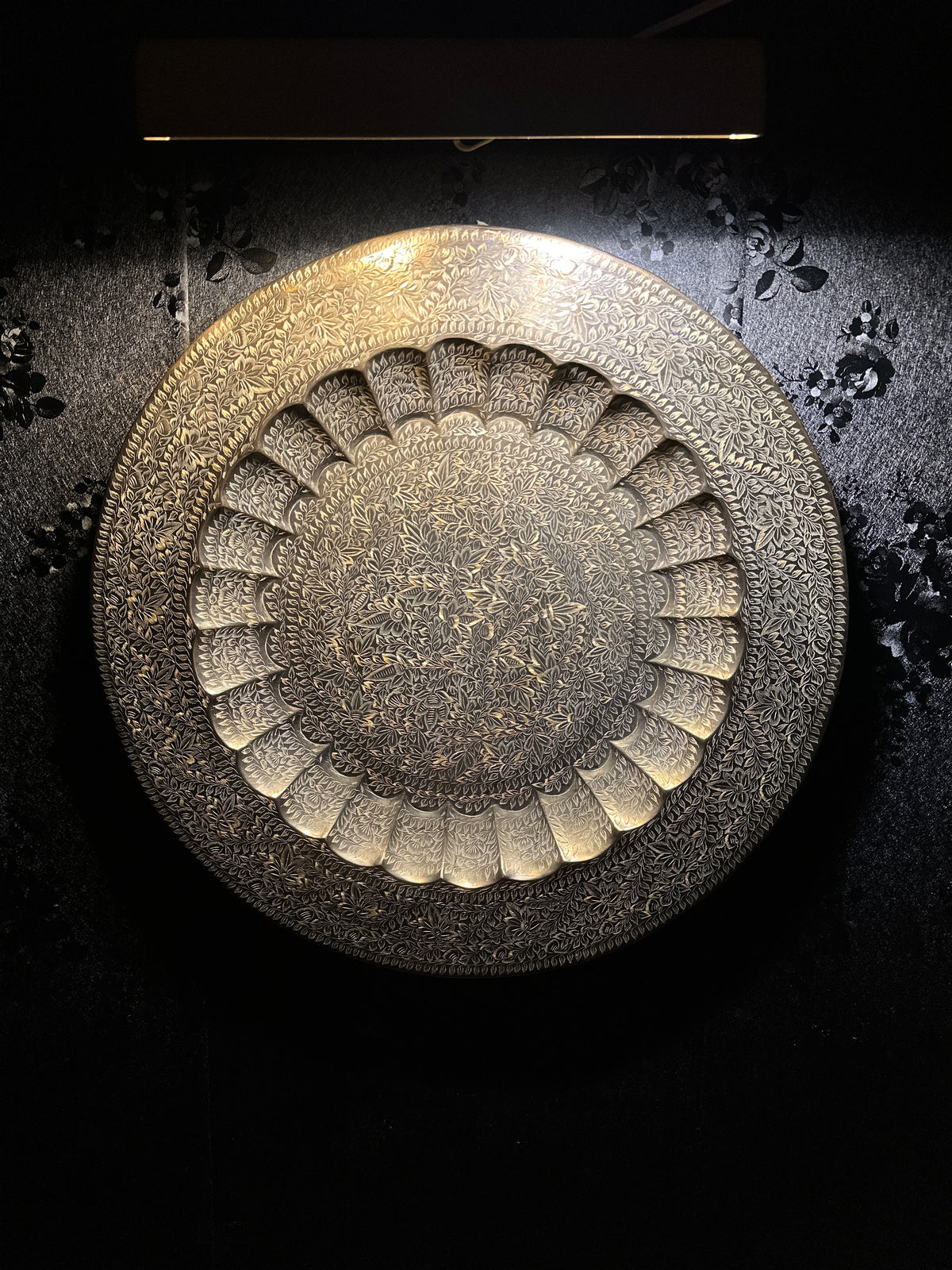Large Indian Brass Wall Charger | 24” Hand-Chased Floral Repoussé