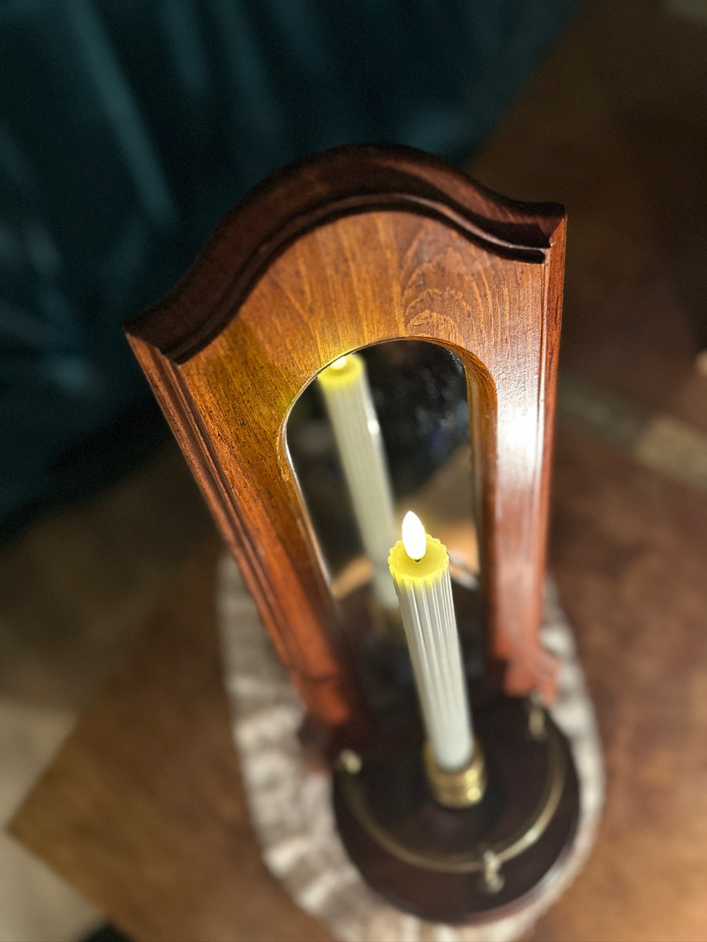 Italian Mirrored Wall Candle Sconce, c. 1950s–1960s | Federal Revival Wood & Brass Candleholder