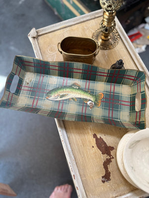Vintage Gilt-Edged Trout & Plaid Toleware Tray