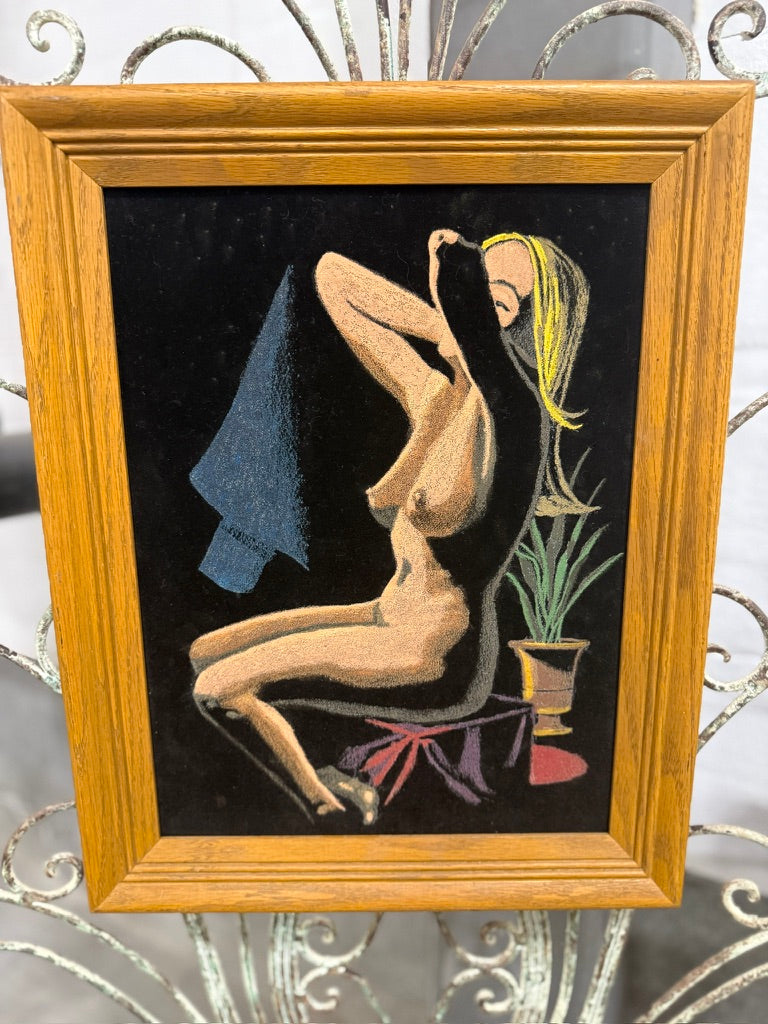 c.1960s Mid-Century Nude Female Figure Painting on Black Velvet