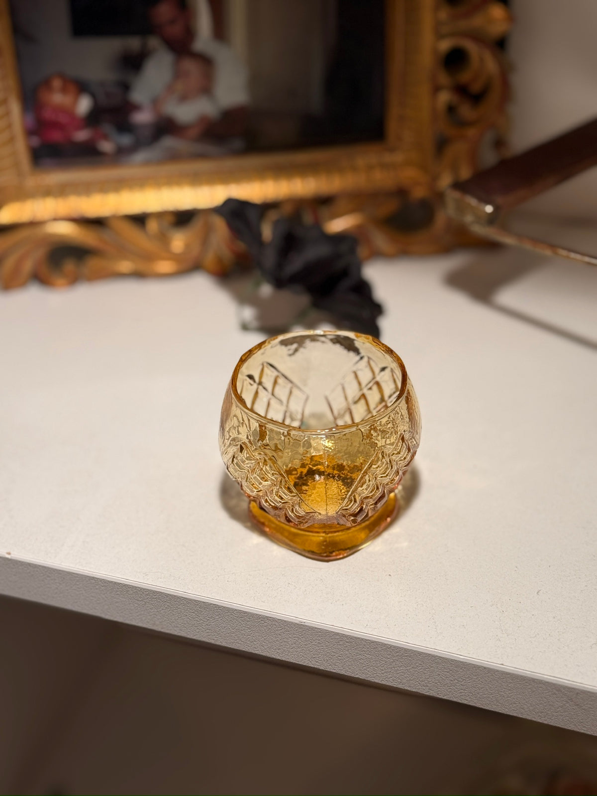 Amber Pressed Glass Footed Votive, Diamond and Fan Pattern, c. 1960–1980