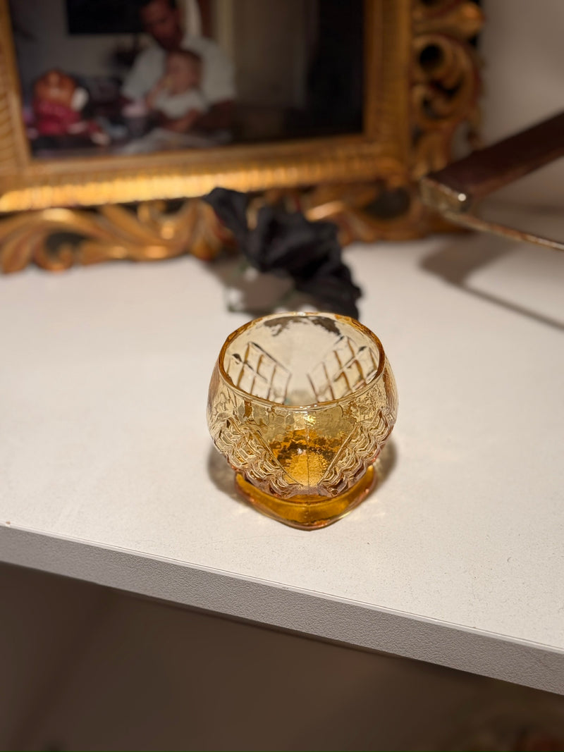 Amber Pressed Glass Footed Votive, Diamond and Fan Pattern, c. 1960–1980
