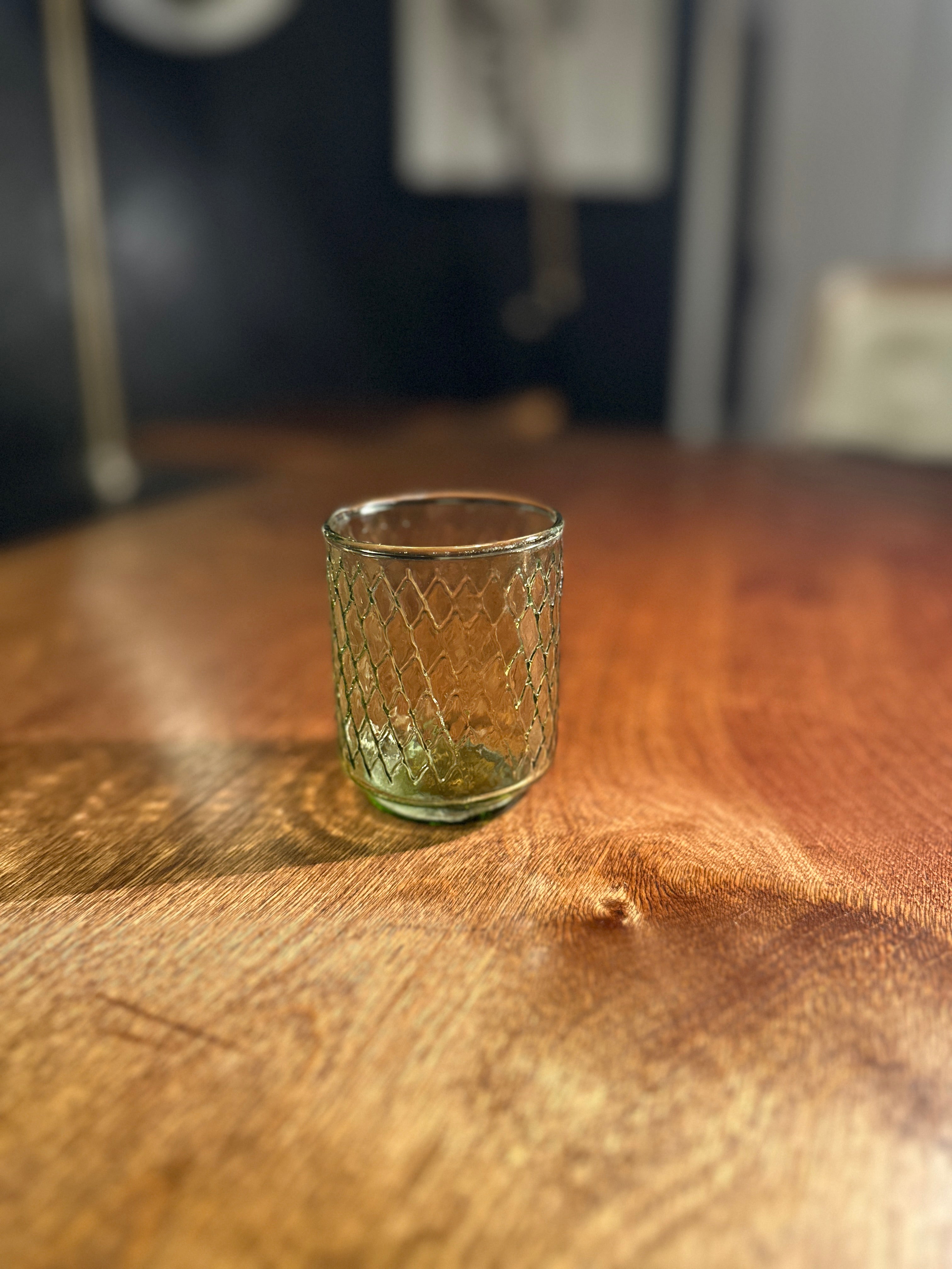 Vintage Pressed Green Glass Votive Holder with Diamond Pattern | Small Antique Glass Tumbler