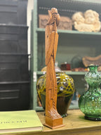 Vintage Carved Hardwood Praying Figure, Dated Label, 1954