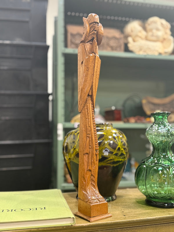 Vintage Carved Hardwood Praying Figure, Dated Label, 1954