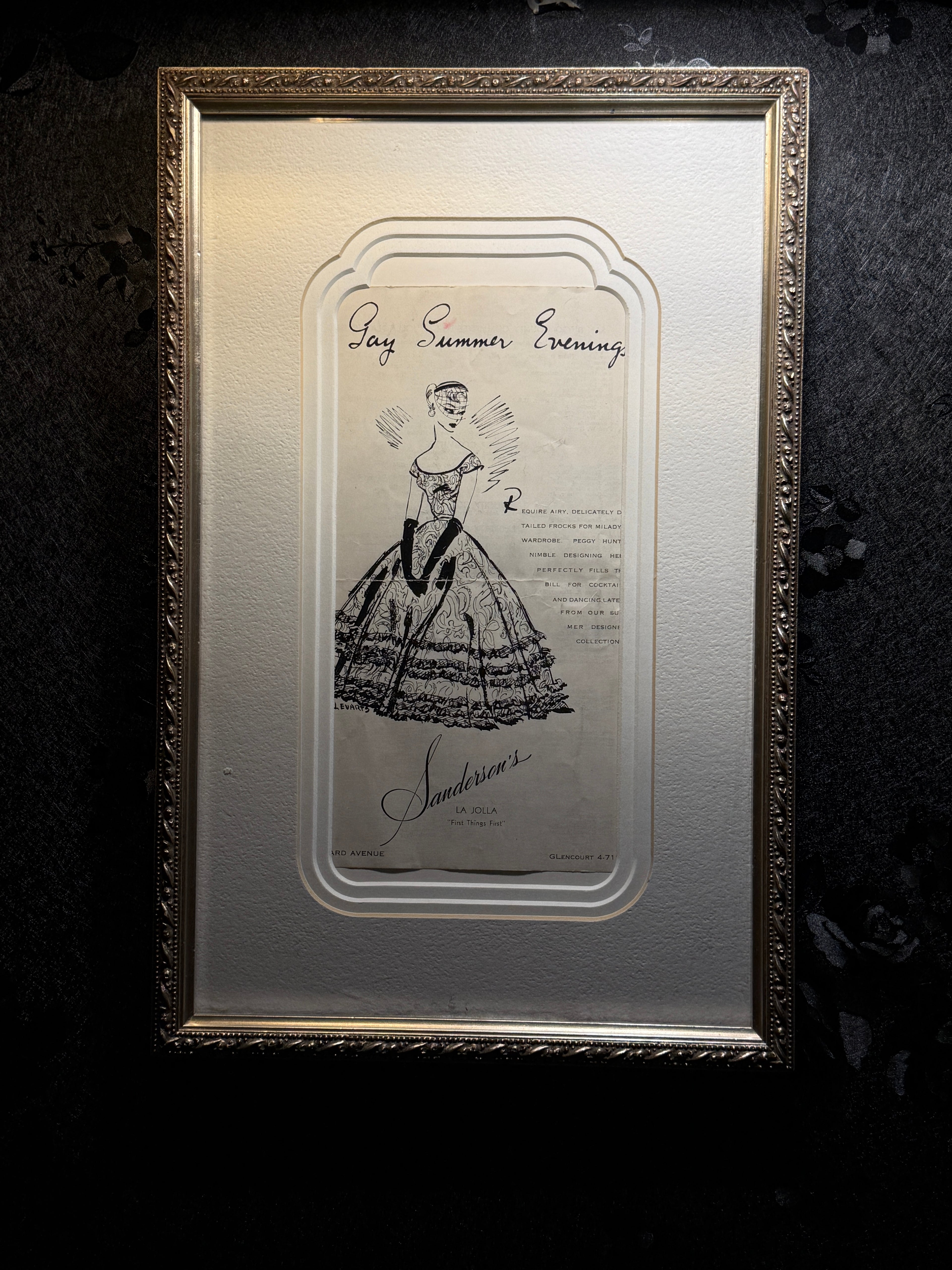 Antique Fashion Illustration Advertisement “Gay Summer Evenings,” Sanderson’s La Jolla, c. 1930s–1940s