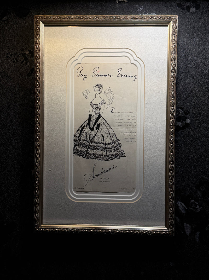 Antique Fashion Illustration Advertisement “Gay Summer Evenings,” Sanderson’s La Jolla, c. 1930s–1940s