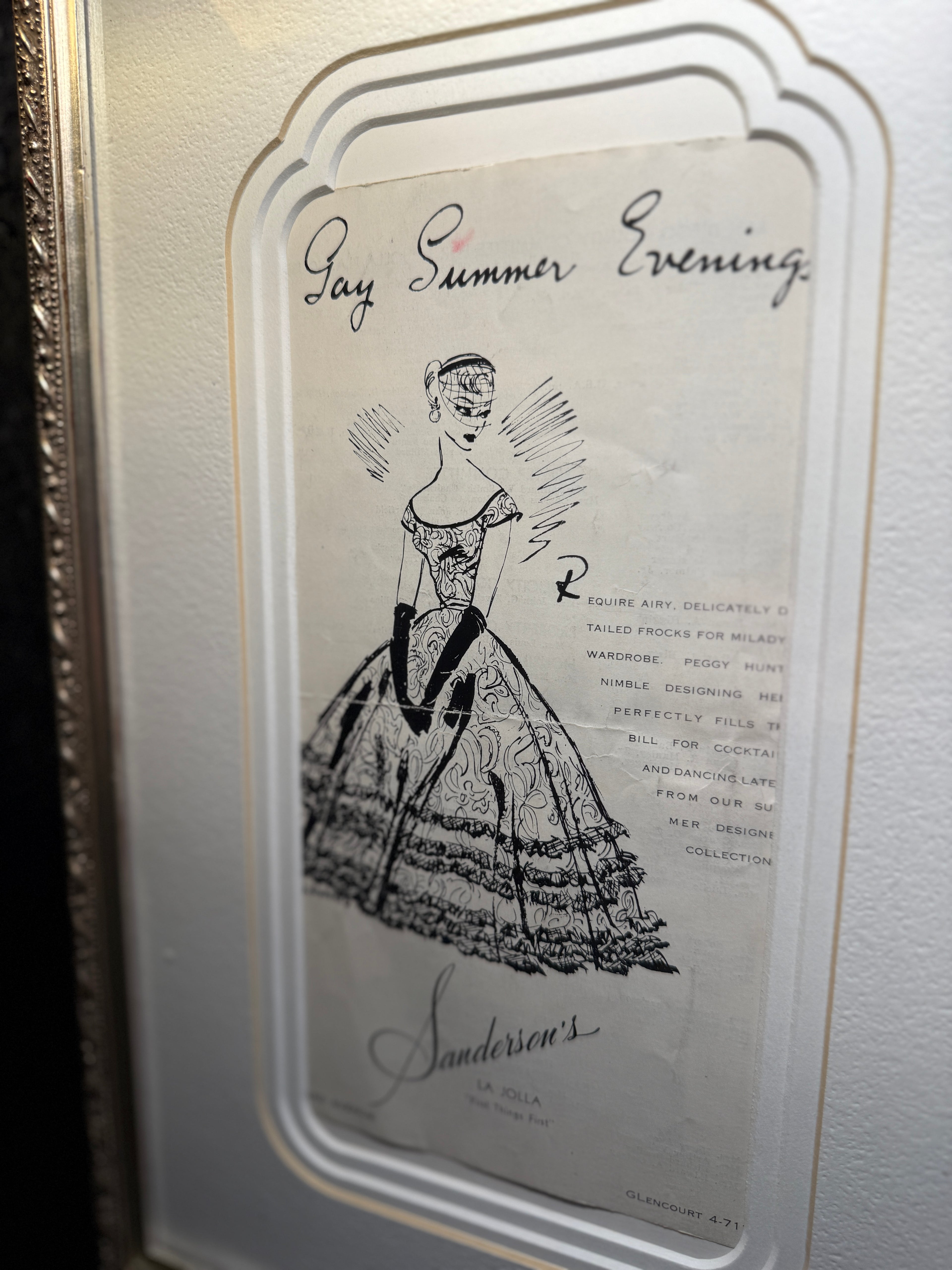 Antique Fashion Illustration Advertisement “Gay Summer Evenings,” Sanderson’s La Jolla, c. 1930s–1940s