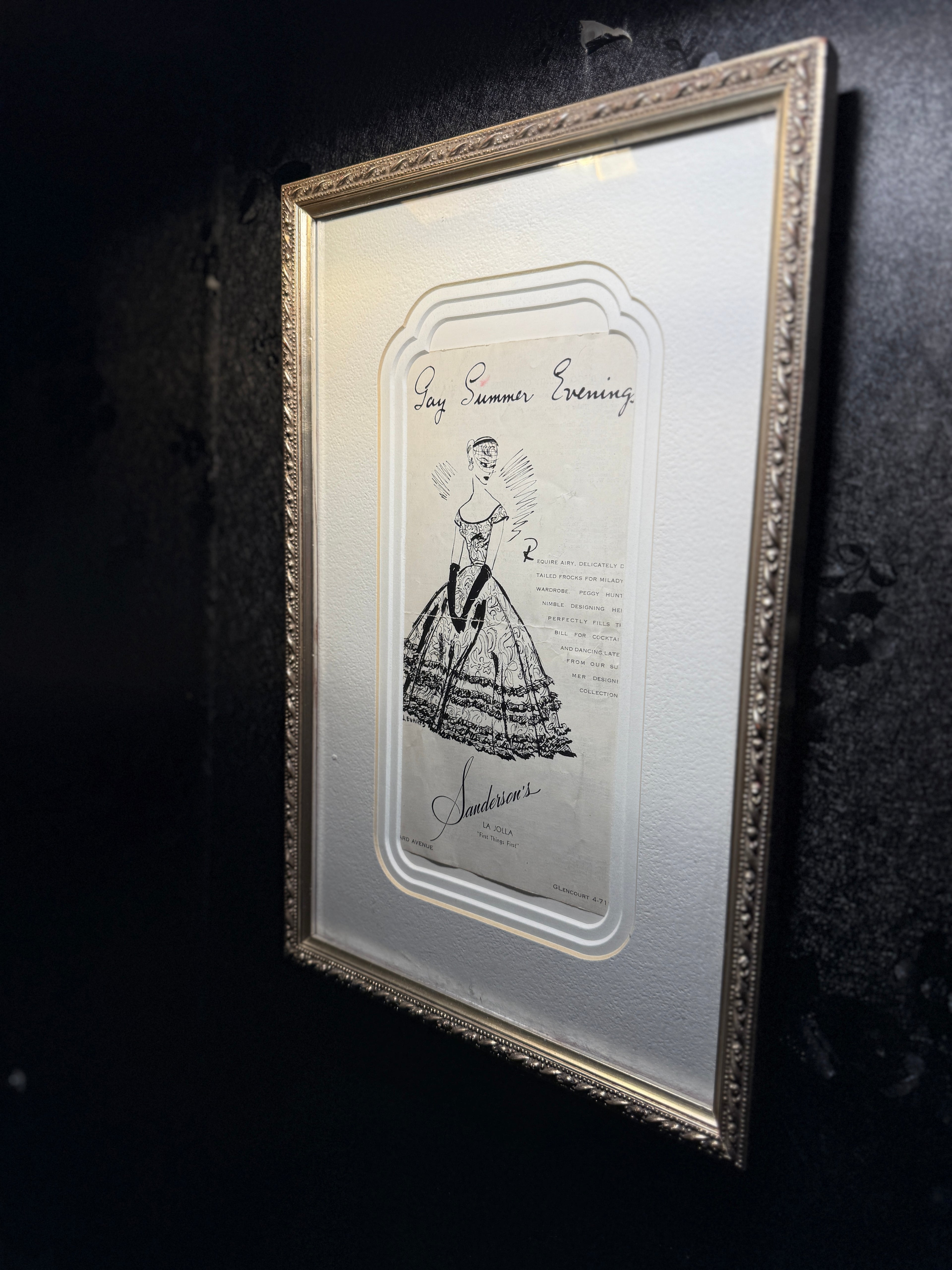 Antique Fashion Illustration Advertisement “Gay Summer Evenings,” Sanderson’s La Jolla, c. 1930s–1940s