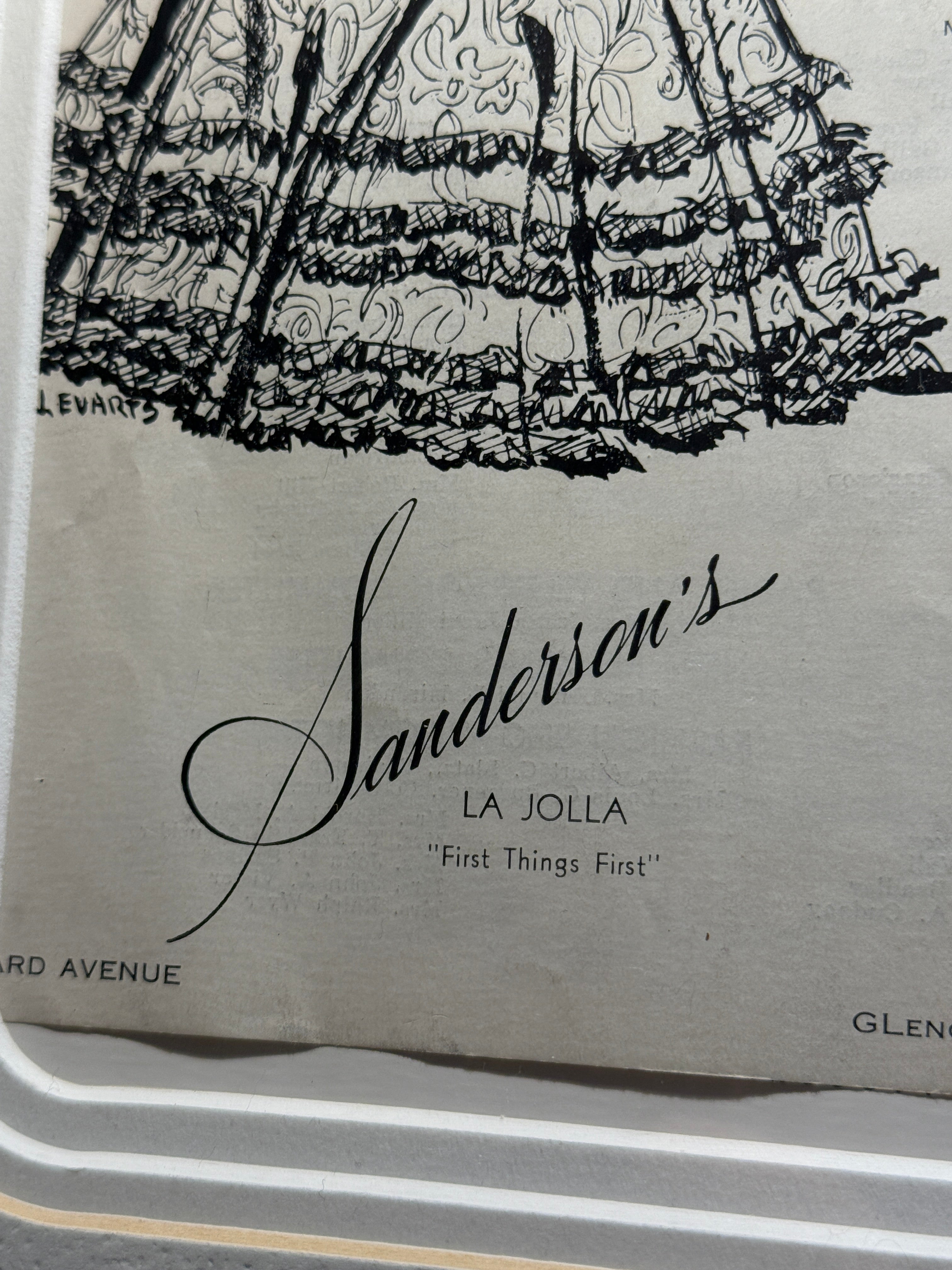 Antique Fashion Illustration Advertisement “Gay Summer Evenings,” Sanderson’s La Jolla, c. 1930s–1940s