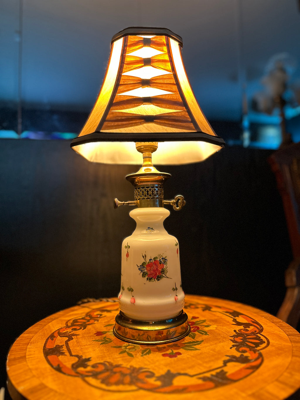 Antique Floral Porcelain Table Lamp with Brass Hardware and Key Switch, c. 1890–1910