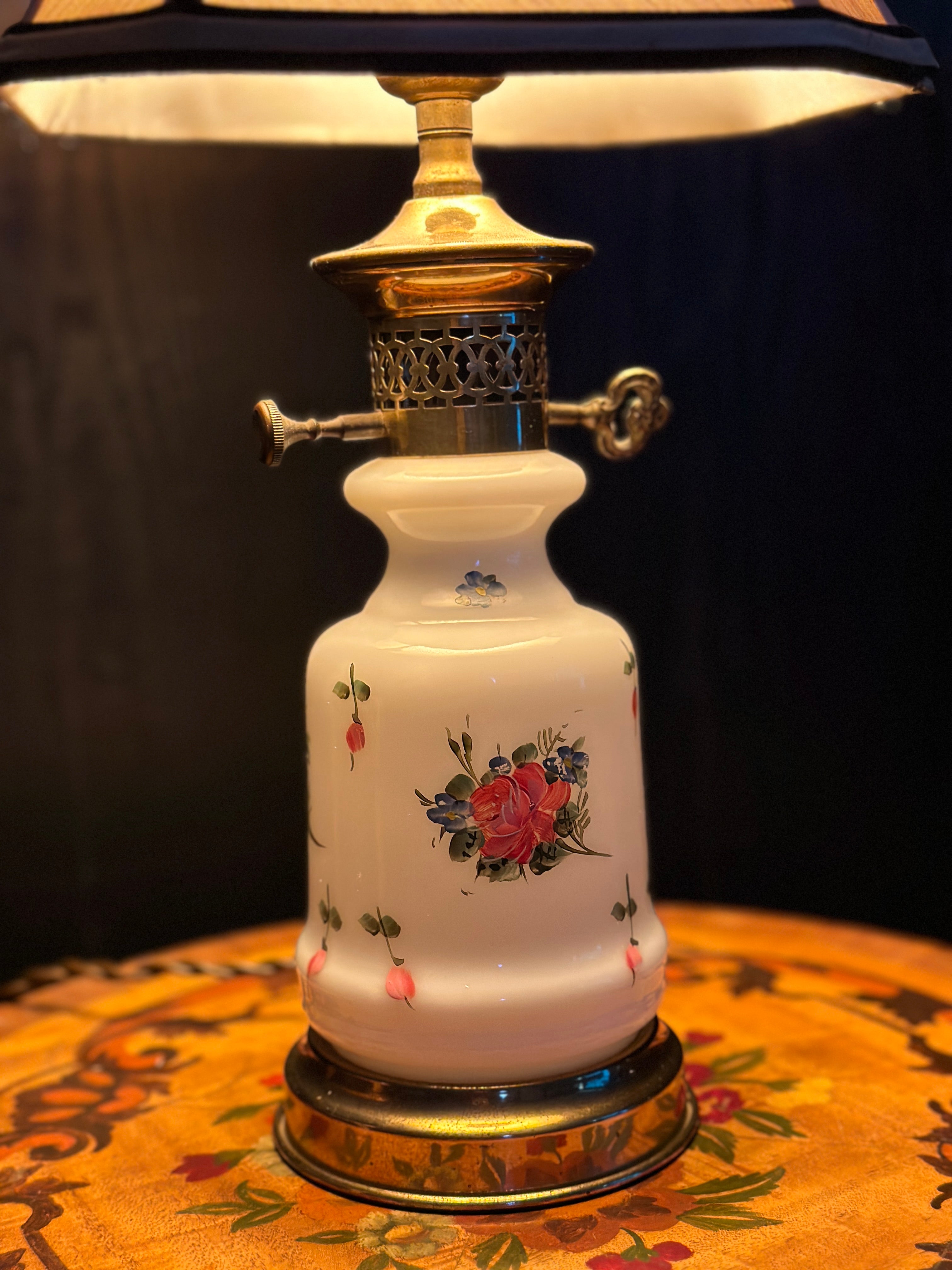 Antique Floral Porcelain Table Lamp with Brass Hardware and Key Switch, c. 1890–1910