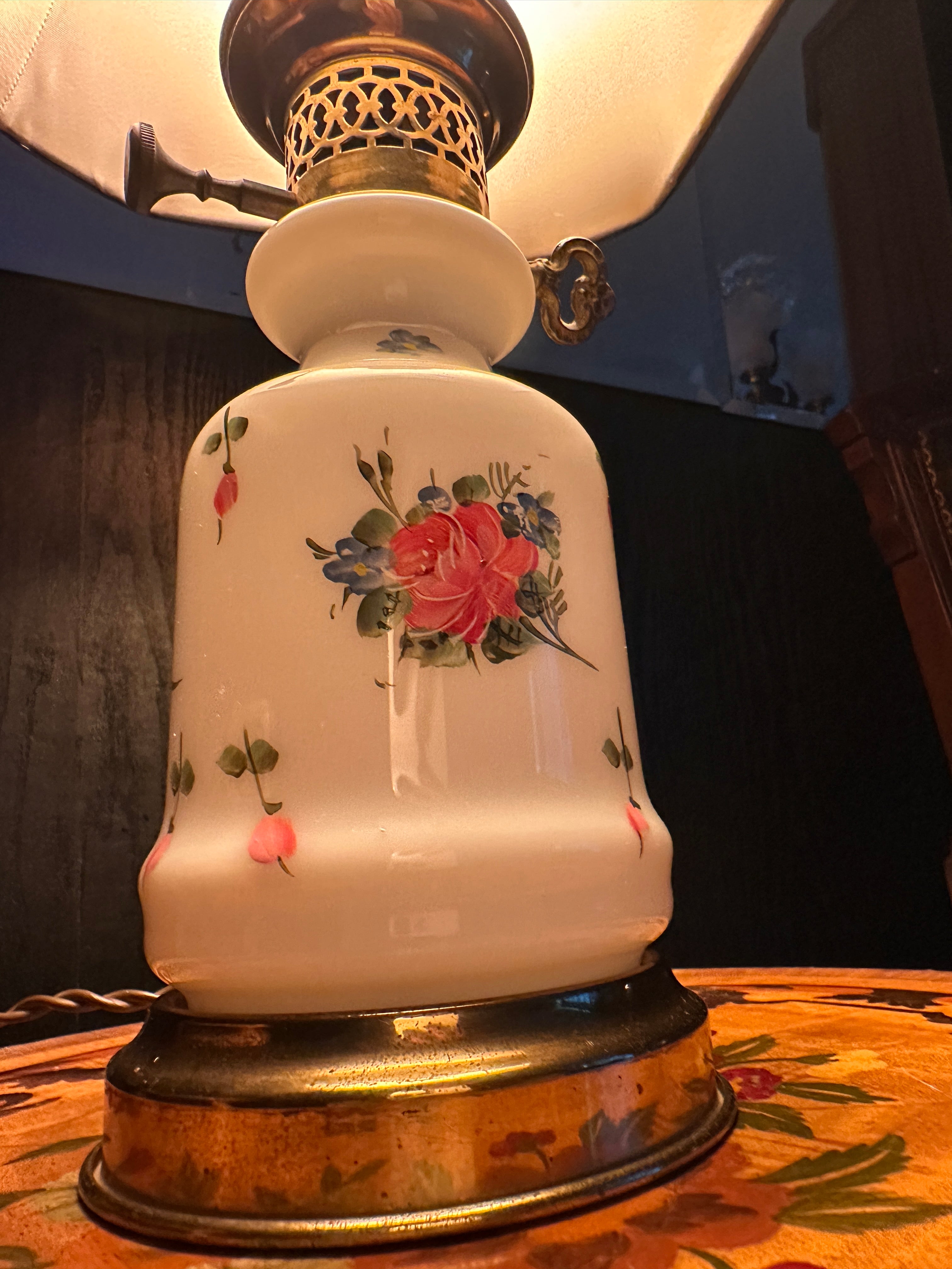 Antique Floral Porcelain Table Lamp with Brass Hardware and Key Switch, c. 1890–1910