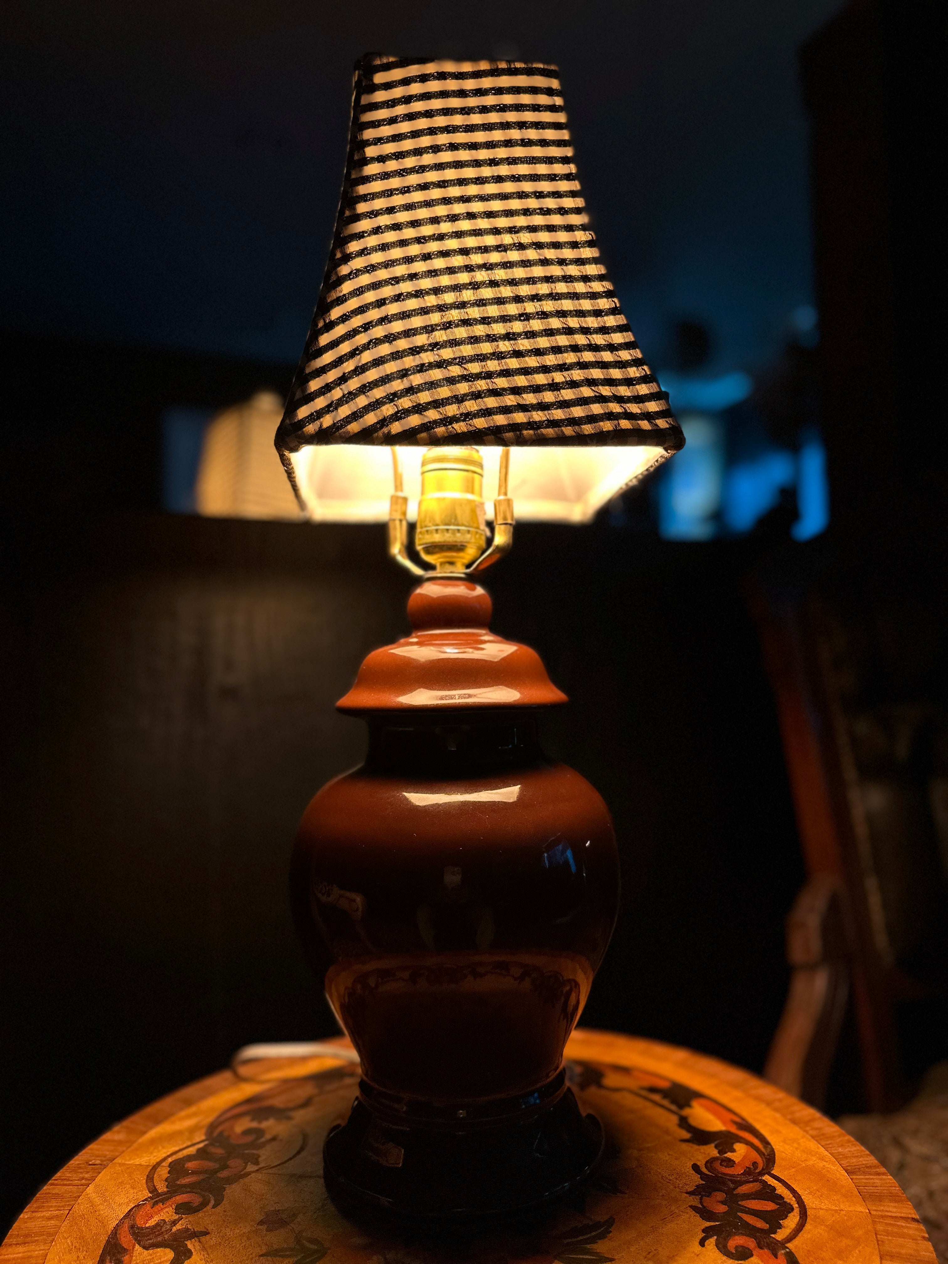 Antique Glazed Ceramic Table Lamp with Fabric Shade, c. 1920–1940