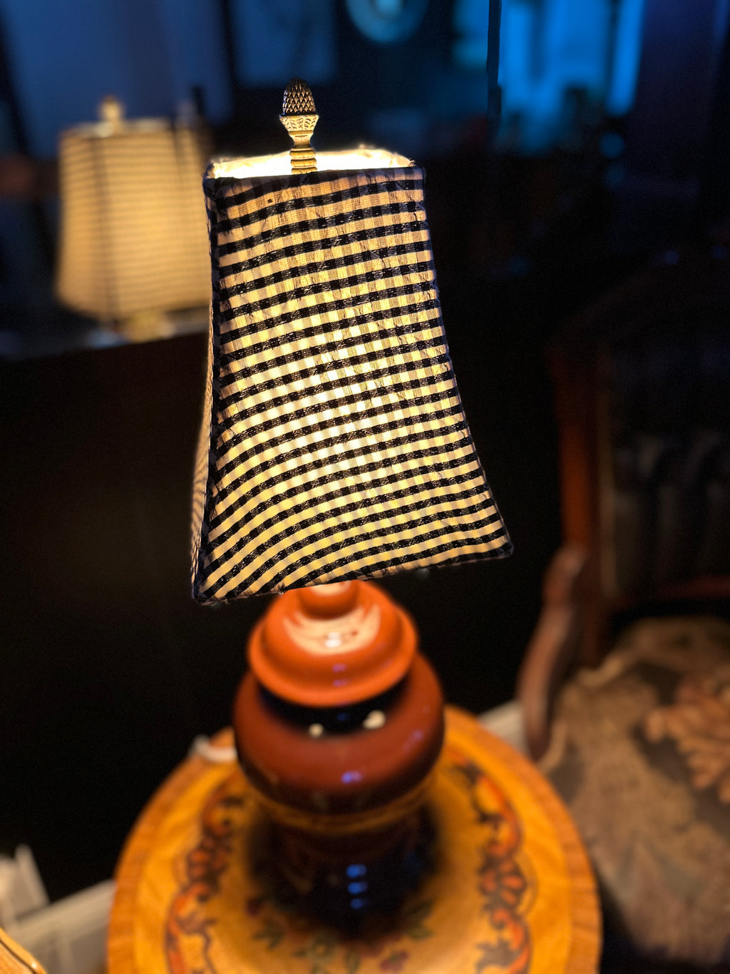 Antique Glazed Ceramic Table Lamp with Fabric Shade, c. 1920–1940