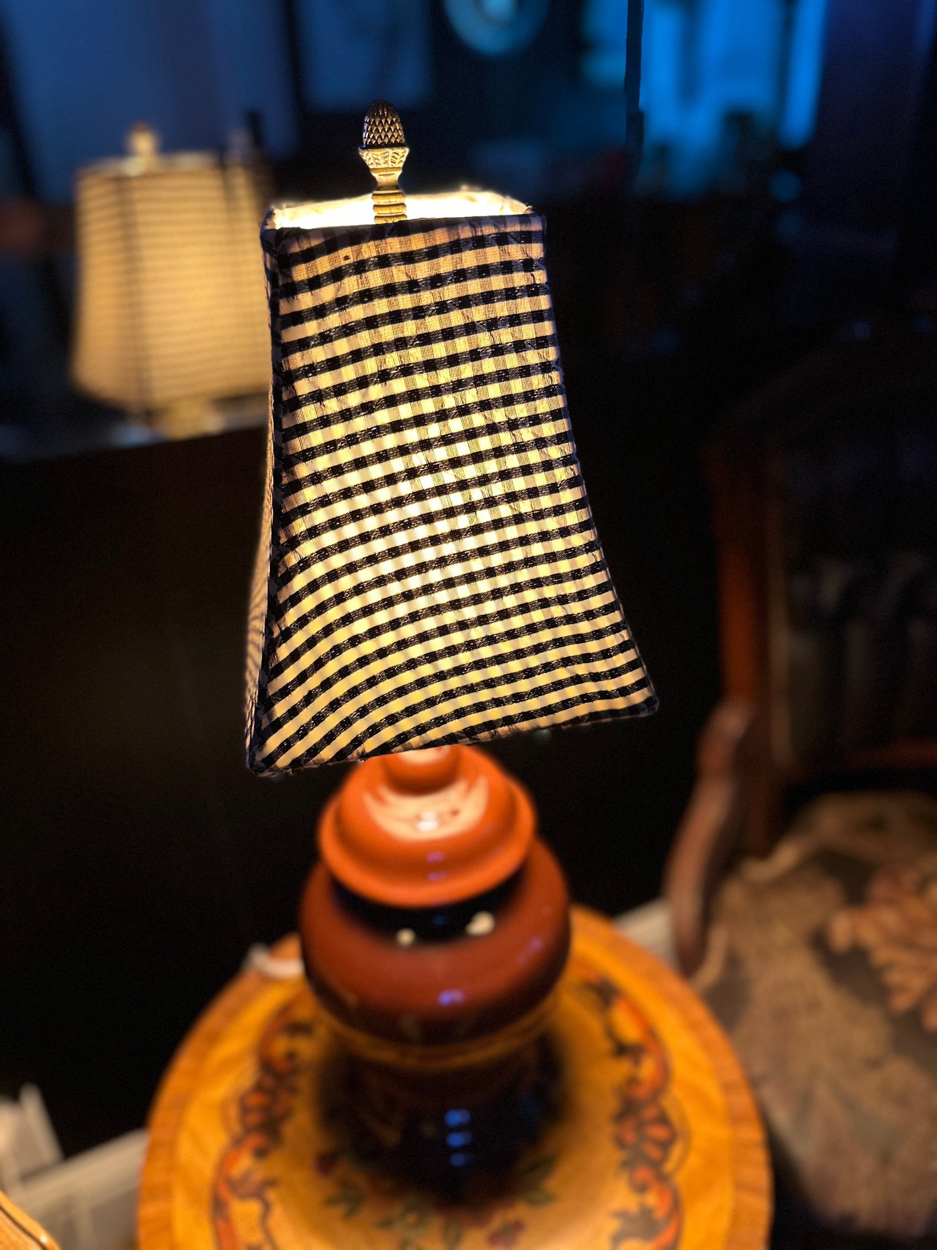 Antique Glazed Ceramic Table Lamp with Fabric Shade, c. 1920–1940