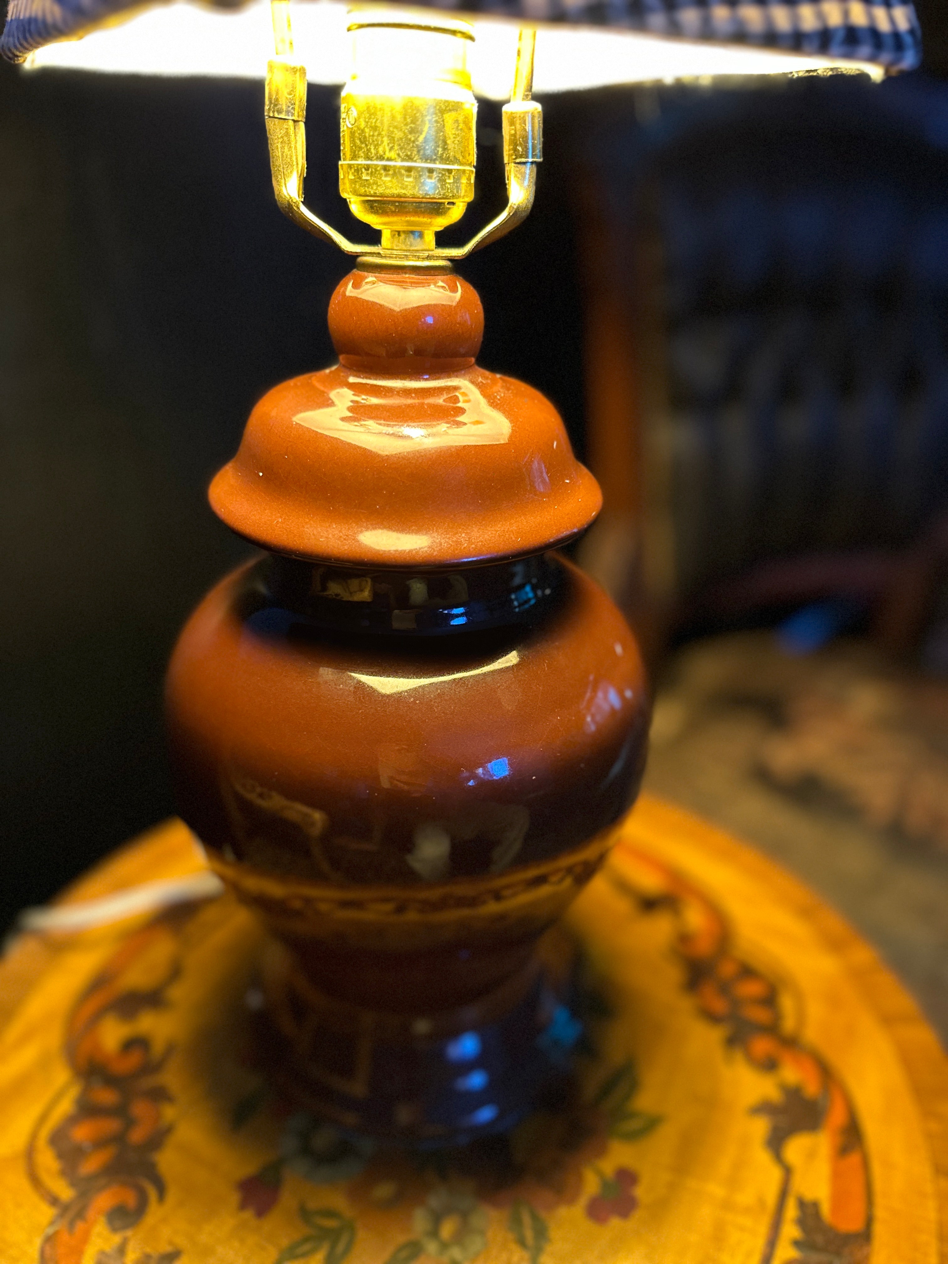 Antique Glazed Ceramic Table Lamp with Fabric Shade, c. 1920–1940